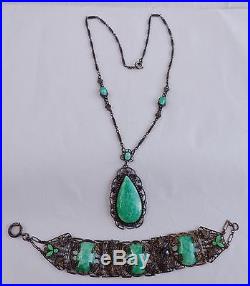 ANTIQUE Art Deco CZECH Green Glass Pendant Necklace + Grape Leaf Panel Bracelet