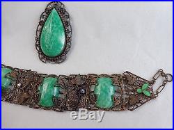 ANTIQUE Art Deco CZECH Green Glass Pendant Necklace + Grape Leaf Panel Bracelet