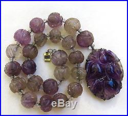 Antique Chinese Art Deco Beautifully Carved Amethyst & Sterling Silver Necklace