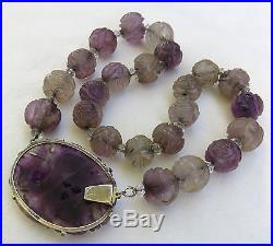 Antique Chinese Art Deco Beautifully Carved Amethyst & Sterling Silver Necklace