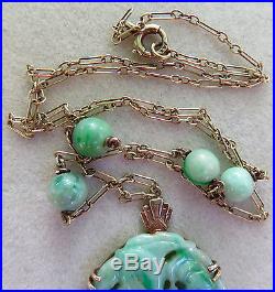 Antique Chinese Art Deco Intricately Hand Carved Jade 14k Gold Necklacevery Old