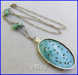 Antique Chinese Art Deco Intricately Hand Carved Jade 14k Gold Necklacevery Old