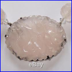 Antique Chinese Art Deco Sterling Silver Carved Rose Quartz Necklace