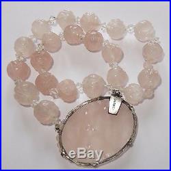 Antique Chinese Art Deco Sterling Silver Carved Rose Quartz Necklace