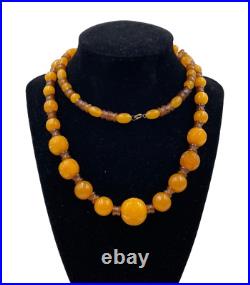 ANTIQUE CHINESE EXPORT CARVED BEADS AMBER BAKELITE ART DECO NECKLACE long strand