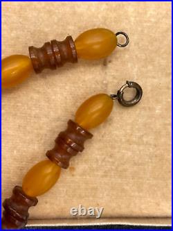 ANTIQUE CHINESE EXPORT CARVED BEADS AMBER BAKELITE ART DECO NECKLACE long strand