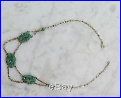 Antique Pierced Chinese Jade Art Deco Sterling Choker Necklace