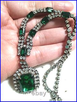 ANTIQUE STUNNING EMERALD Green Glass Rhinestones Art Deco Necklace About 10.5 L