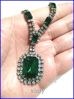 ANTIQUE STUNNING EMERALD Green Glass Rhinestones Art Deco Necklace About 10.5 L