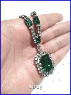 ANTIQUE STUNNING EMERALD Green Glass Rhinestones Art Deco Necklace About 10.5 L