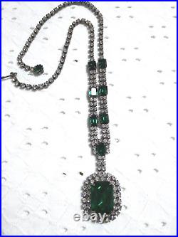 ANTIQUE STUNNING EMERALD Green Glass Rhinestones Art Deco Necklace About 10.5 L