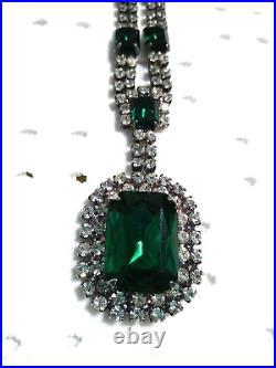 ANTIQUE STUNNING EMERALD Green Glass Rhinestones Art Deco Necklace About 10.5 L