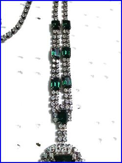 ANTIQUE STUNNING EMERALD Green Glass Rhinestones Art Deco Necklace About 10.5 L