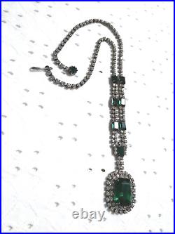 ANTIQUE STUNNING EMERALD Green Glass Rhinestones Art Deco Necklace About 10.5 L