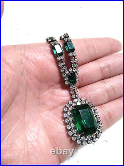 ANTIQUE STUNNING EMERALD Green Glass Rhinestones Art Deco Necklace About 10.5 L