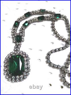 ANTIQUE STUNNING EMERALD Green Glass Rhinestones Art Deco Necklace About 10.5 L