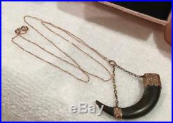 ANTIQUE VINTAGE VICTORIAN HORN FOB CHARM PENDANT-9ct ROSE GOLD-9ct GOLD CHAIN