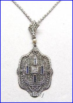 Antique Vntgart Deco10k White Goldfiligreediamond-sapphire Pendant Necklace