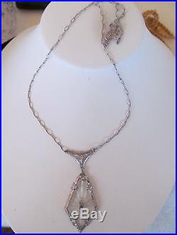 Antique Vtg Art Deco Camphor Glass Paste Rhodium Necklace Pendant Original Chain