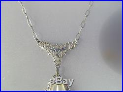 Antique Vtg Art Deco Camphor Glass Paste Rhodium Necklace Pendant Original Chain