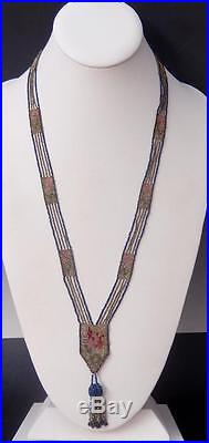 Antique Woven Art Deco Glass Bead Rose Flapper Tassel Necklace #577a