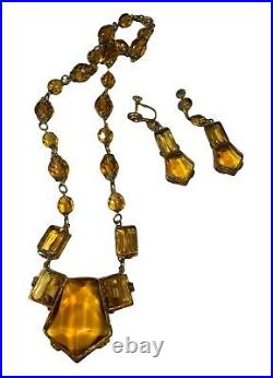 ANTIQUE vtg NEIGER BROS 1920s Bohemian Czech Glass demi parure Necklace/Earrings