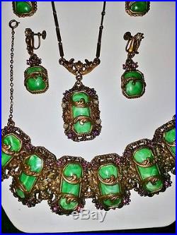 ANTQ ART DECO Etruscan Revival Glass Lavaliere Necklace, Bracelet & 2pr Earrings