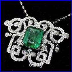 ART DECO! 11.74TCW HUGE Emerald Diamonds 18K Solid white Gold Pendant Necklace