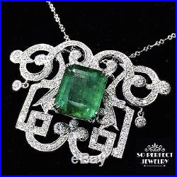 ART DECO! 11.74TCW HUGE Emerald Diamonds 18K Solid white Gold Pendant Necklace