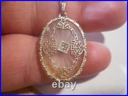 ART DECO 14K White Gold Camphor Glass & Diamond NECKLACE 100 years old Antique