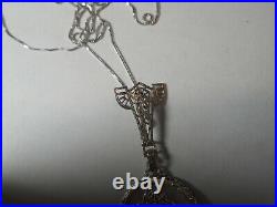 ART DECO 14K White Gold Camphor Glass & Diamond NECKLACE 100 years old Antique