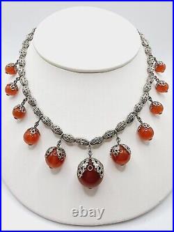 ART DECO 1920s Vintage AMBER ART GLASS & DRILLED CHROME beaded NECKLACE