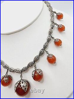 ART DECO 1920s Vintage AMBER ART GLASS & DRILLED CHROME beaded NECKLACE