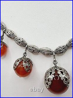 ART DECO 1920s Vintage AMBER ART GLASS & DRILLED CHROME beaded NECKLACE