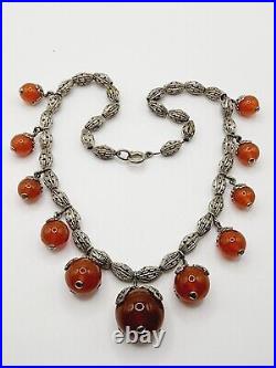 ART DECO 1920s Vintage AMBER ART GLASS & DRILLED CHROME beaded NECKLACE