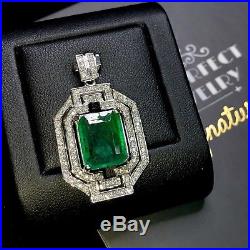 ART-DECO 5.88TCW Emerald Diamonds 18K Solid White Gold Natural Pendant Necklace