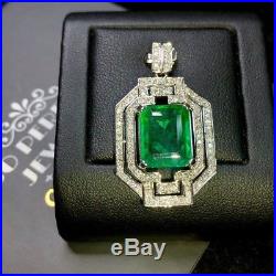 ART-DECO 5.88TCW Emerald Diamonds 18K Solid White Gold Natural Pendant Necklace