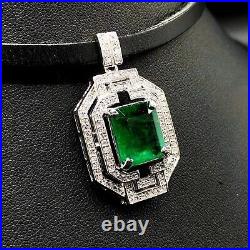 ART DECO 5.98TCW Emerald Diamonds 18K solid white gold pendant Natural Necklace