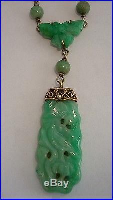 ART DECO ANTIQUE 14K YELLOW GOLD CARVED JADE FILIGREE NECKLACE 9.3gr BUTTERFLY