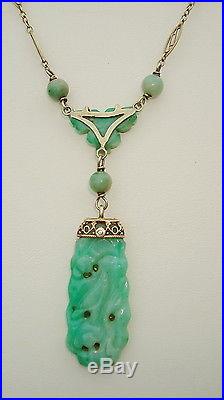 ART DECO ANTIQUE 14K YELLOW GOLD CARVED JADE FILIGREE NECKLACE 9.3gr BUTTERFLY