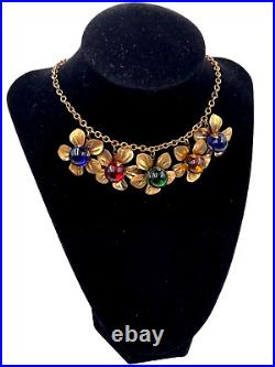 ART DECO ANTIQUE NECKLACE 5 FLOWER PENDANT with POURED GLASS CENTER-STONES onCHAIN