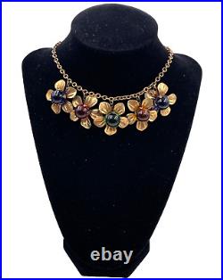 ART DECO ANTIQUE NECKLACE 5 FLOWER PENDANT with POURED GLASS CENTER-STONES onCHAIN