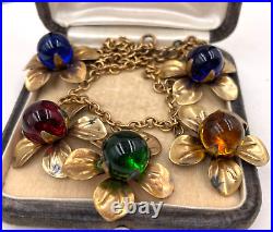 ART DECO ANTIQUE NECKLACE 5 FLOWER PENDANT with POURED GLASS CENTER-STONES onCHAIN