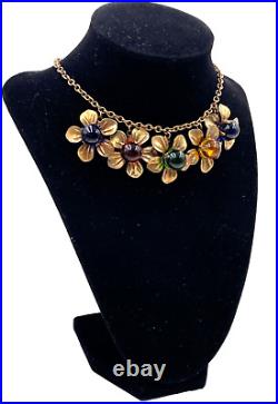 ART DECO ANTIQUE NECKLACE 5 FLOWER PENDANT with POURED GLASS CENTER-STONES onCHAIN