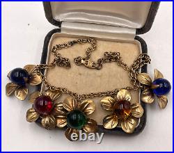 ART DECO ANTIQUE NECKLACE 5 FLOWER PENDANT with POURED GLASS CENTER-STONES onCHAIN