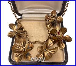 ART DECO ANTIQUE NECKLACE 5 FLOWER PENDANT with POURED GLASS CENTER-STONES onCHAIN