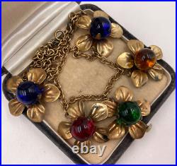 ART DECO ANTIQUE NECKLACE 5 FLOWER PENDANT with POURED GLASS CENTER-STONES onCHAIN