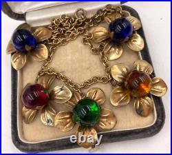 ART DECO ANTIQUE NECKLACE 5 FLOWER PENDANT with POURED GLASS CENTER-STONES onCHAIN