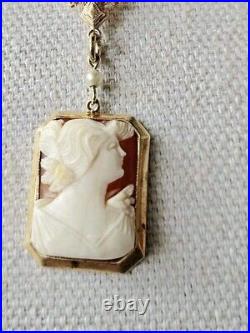 ART DECO ANTIQUE Vintage 10KT YELLOW GOLD Carved Shell CAMEO Necklace 17
