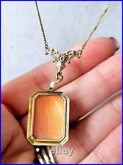 ART DECO ANTIQUE Vintage 10KT YELLOW GOLD Carved Shell CAMEO Necklace 17